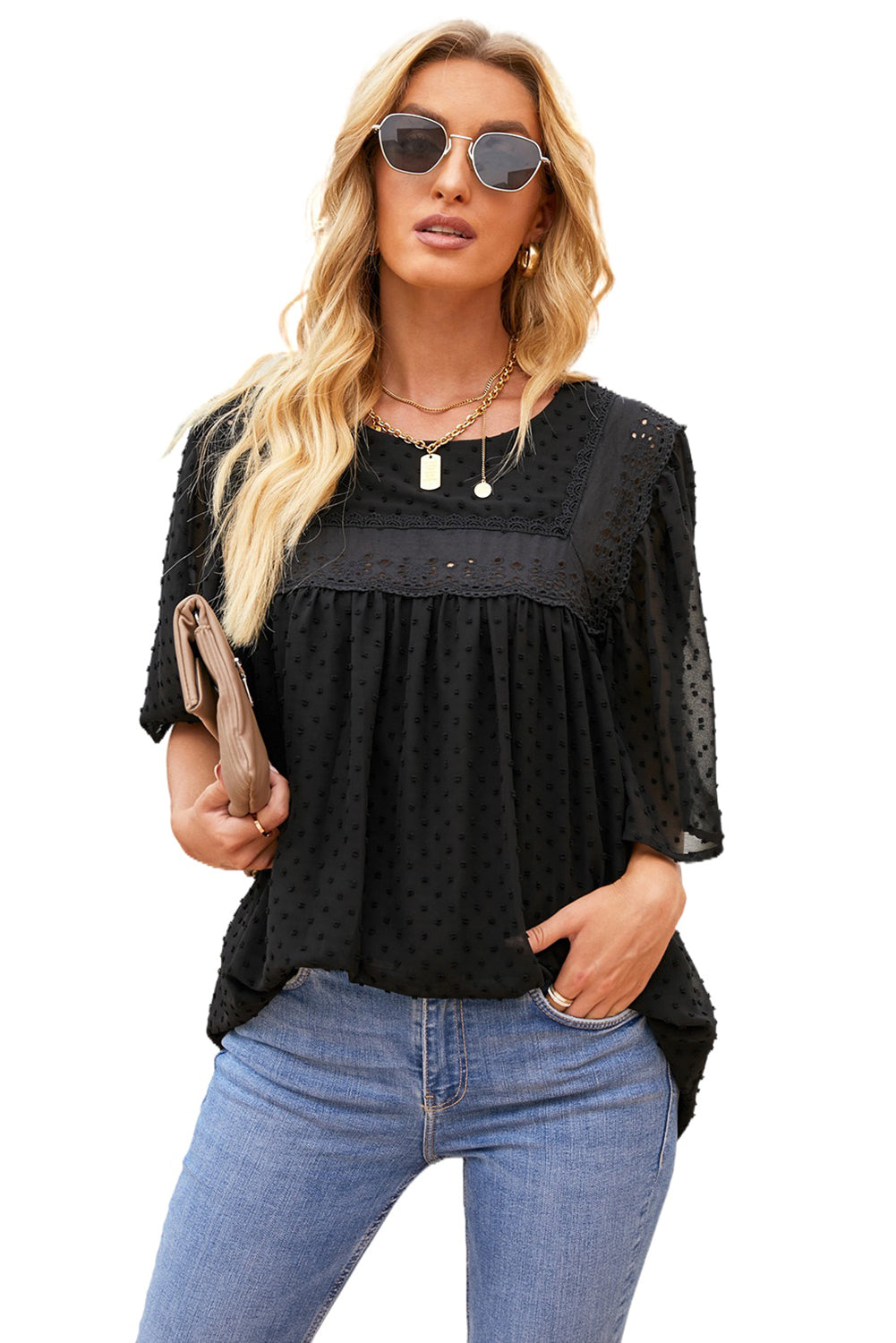 Black Flutter Sleeves Sheer Textured Babydoll Top