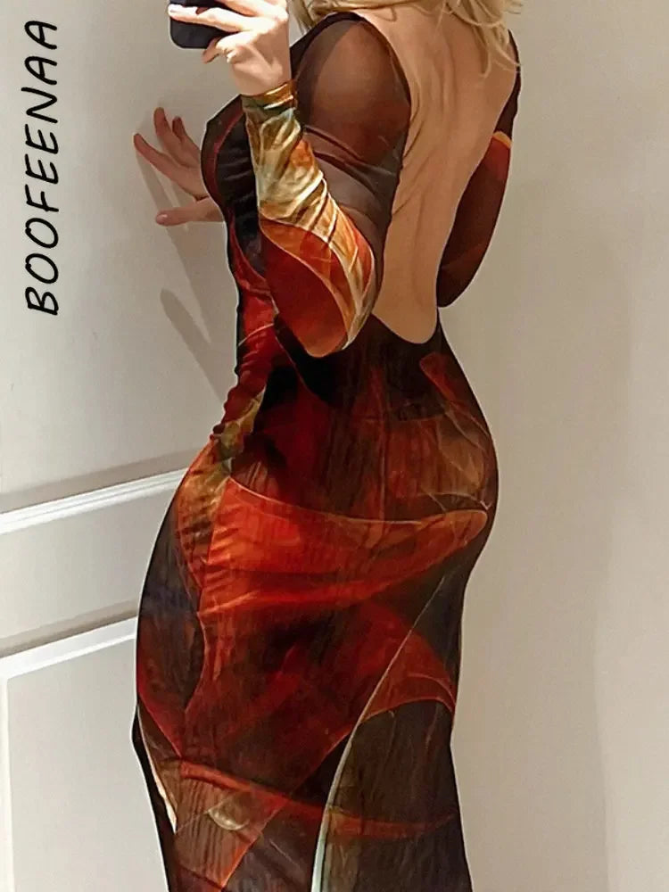 Print Mesh See Through Backless Dress Sexy Club Outfits Long Sleeve Bodycon Midi Dresses for Women