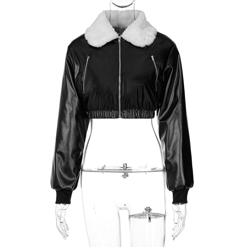 Long Sleeve Zip Up Solid Fur Ruched Pu Leather Jacket Autumn Winter Women Fashion Streetwear Casual Outfits