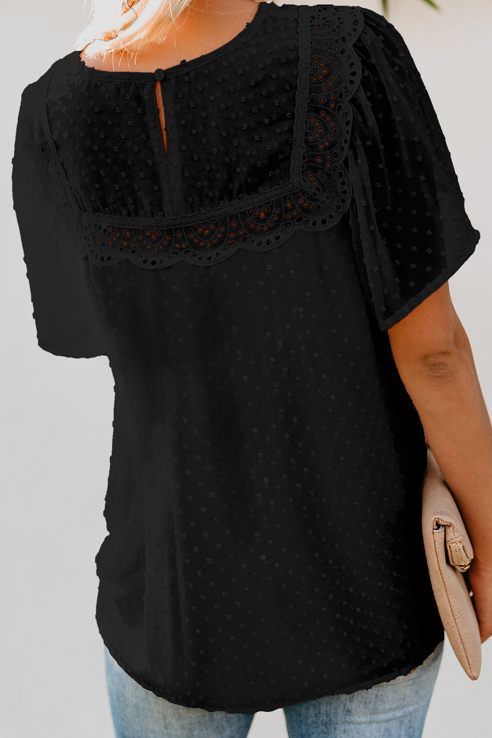 Black Flutter Sleeves Sheer Textured Babydoll Top