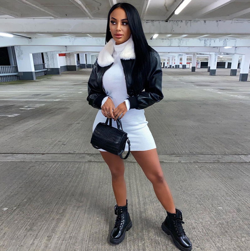 Long Sleeve Zip Up Solid Fur Ruched Pu Leather Jacket Autumn Winter Women Fashion Streetwear Casual Outfits