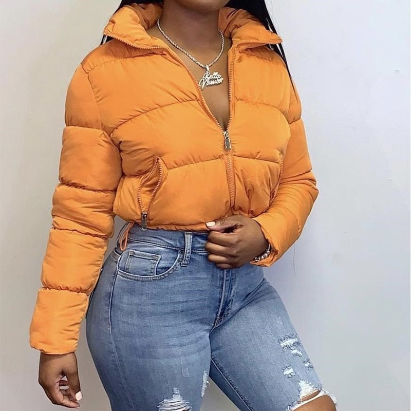 Long Sleeve Zip-Up Parkas Autumn Winter Women Warm Cropped Coats Patchwork Windbreak Outfits