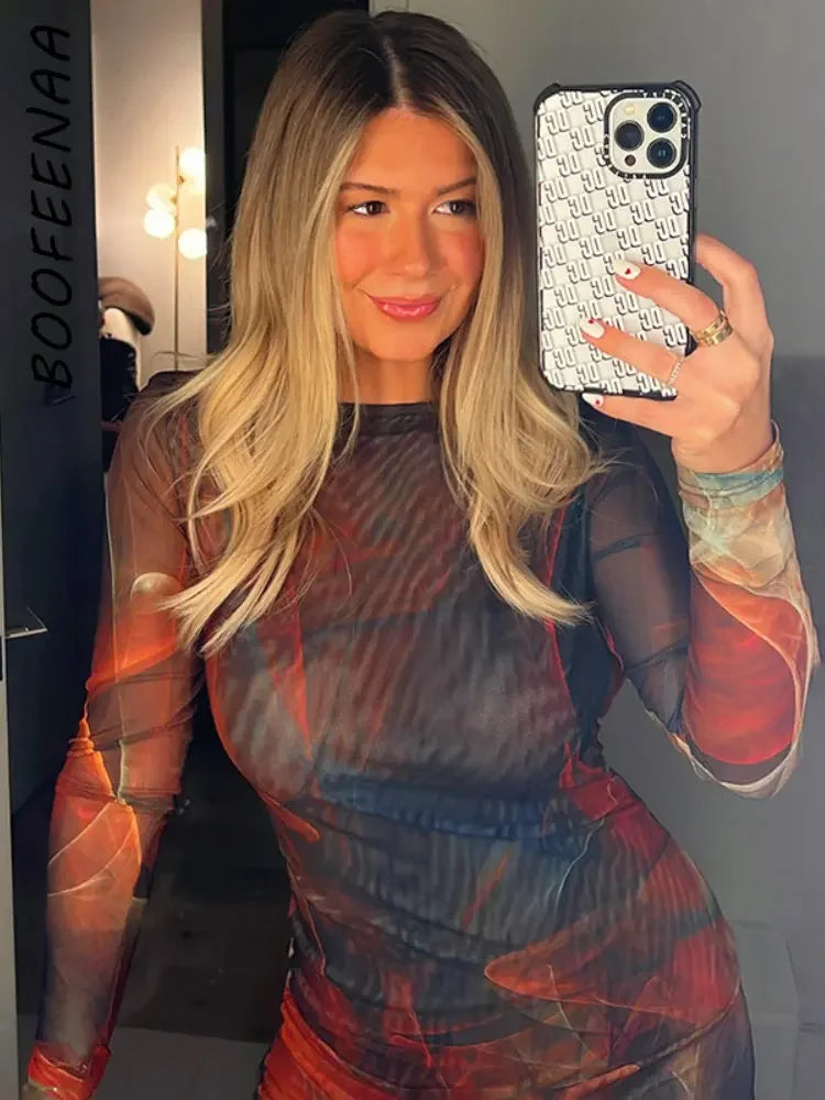 Print Mesh See Through Backless Dress Sexy Club Outfits Long Sleeve Bodycon Midi Dresses for Women