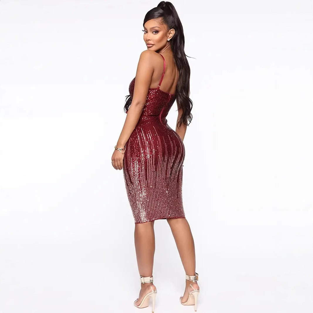 Shimmering Sequin Strapless Fitted Midi Dress for Party, Wedding, Banquet Occasions