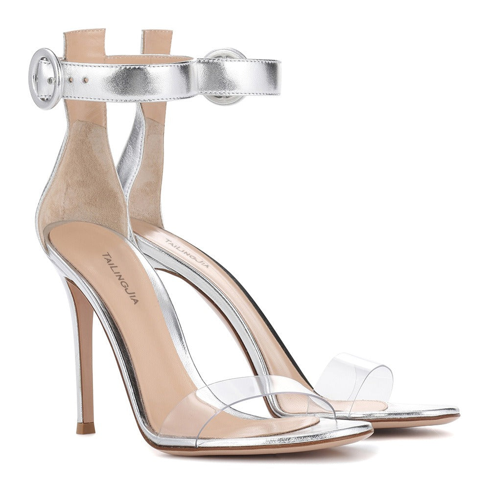 European and American Oversized Womens Shoes With Pvc Buckle and Silver Slim Heels, Elegant Sandals
