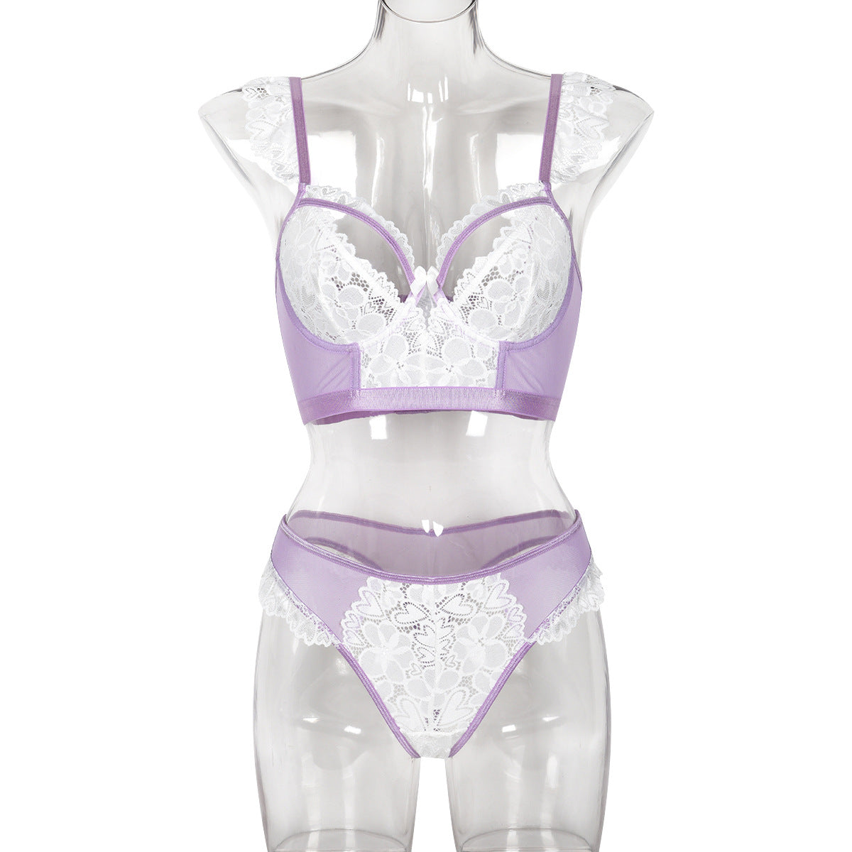 Elastic Lace Trim Bra Cup Hollow Out European and American Style Lingerie Two-Piece Set Top and Panties for Cross-Border Women