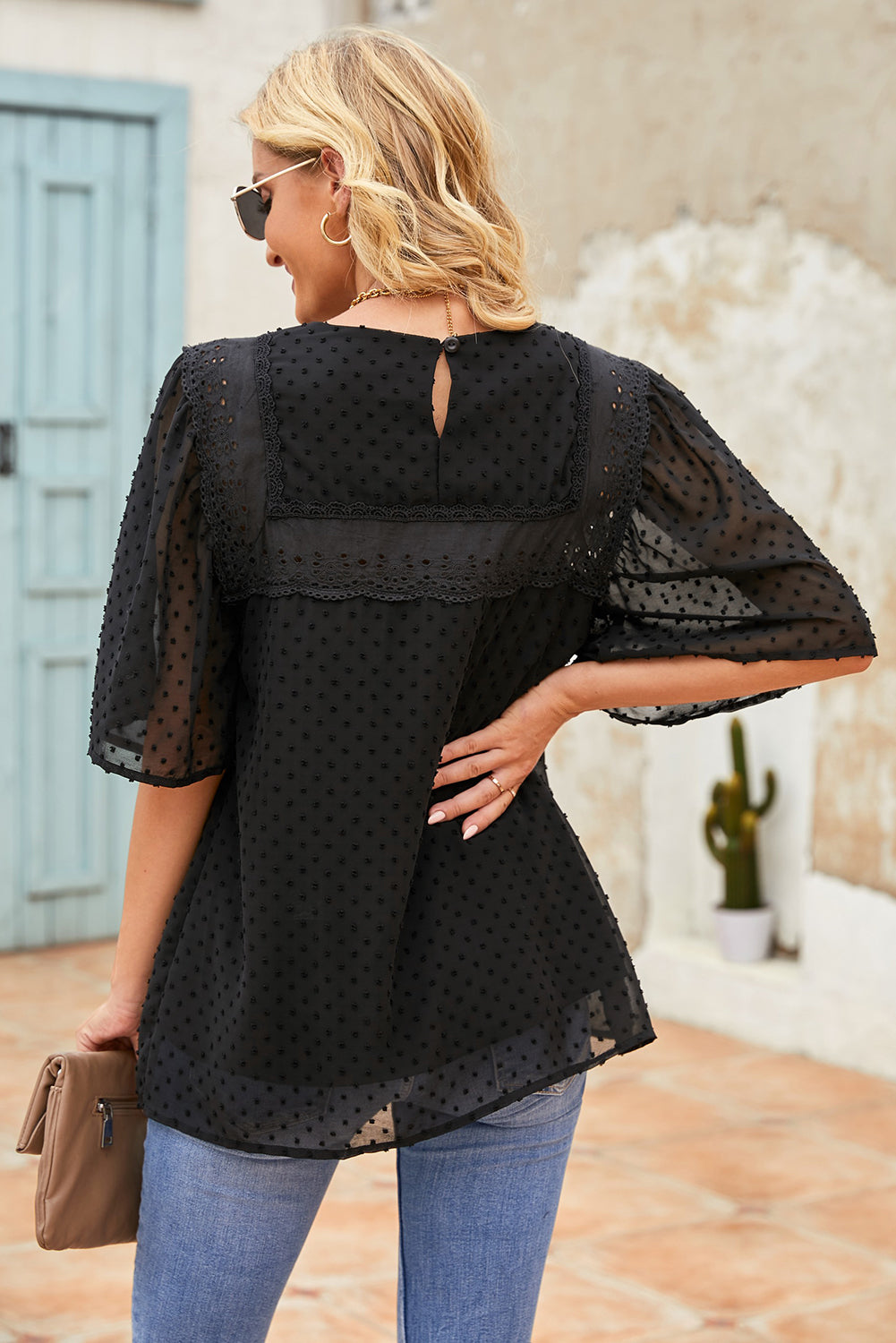 Black Flutter Sleeves Sheer Textured Babydoll Top