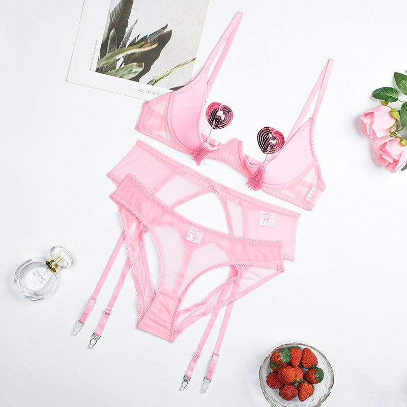 Erotic Lingerie Open Bra Kit Push Up Sexy Sensual Underwear 3-Piece Heart Hollow Crotchless Panties Garter Intimate