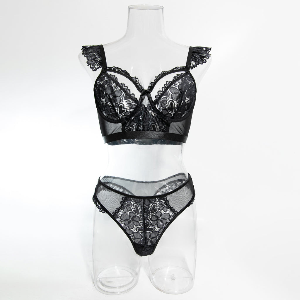 Elastic Lace Trim Bra Cup Hollow Out European and American Style Lingerie Two-Piece Set Top and Panties for Cross-Border Women
