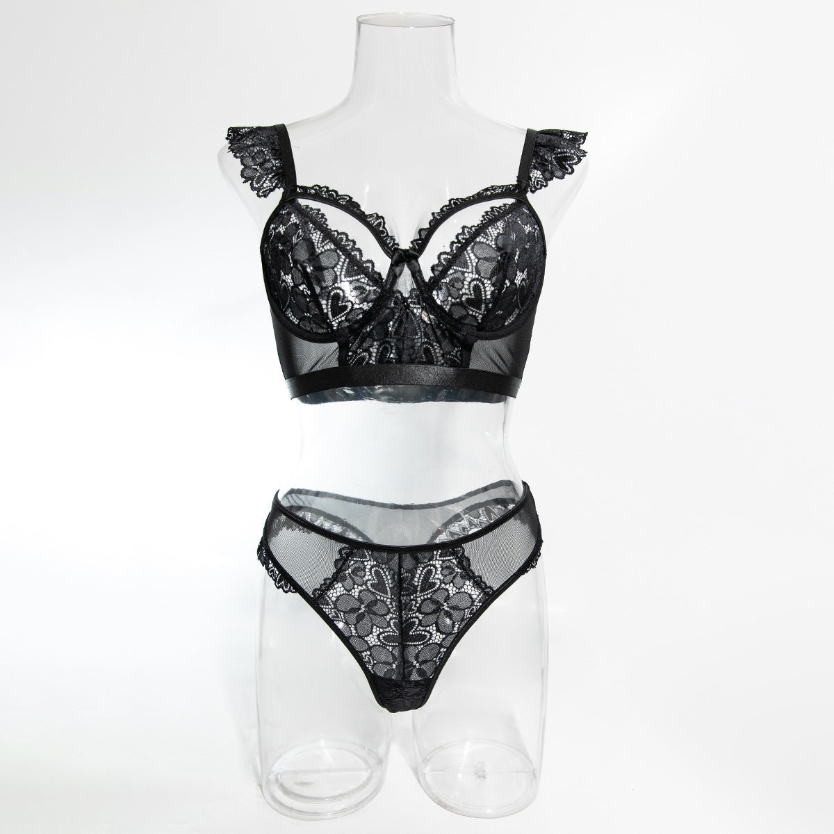 Elastic Lace Trim Bra Cup Hollow Out European and American Style Lingerie Two-Piece Set Top and Panties for Cross-Border Women