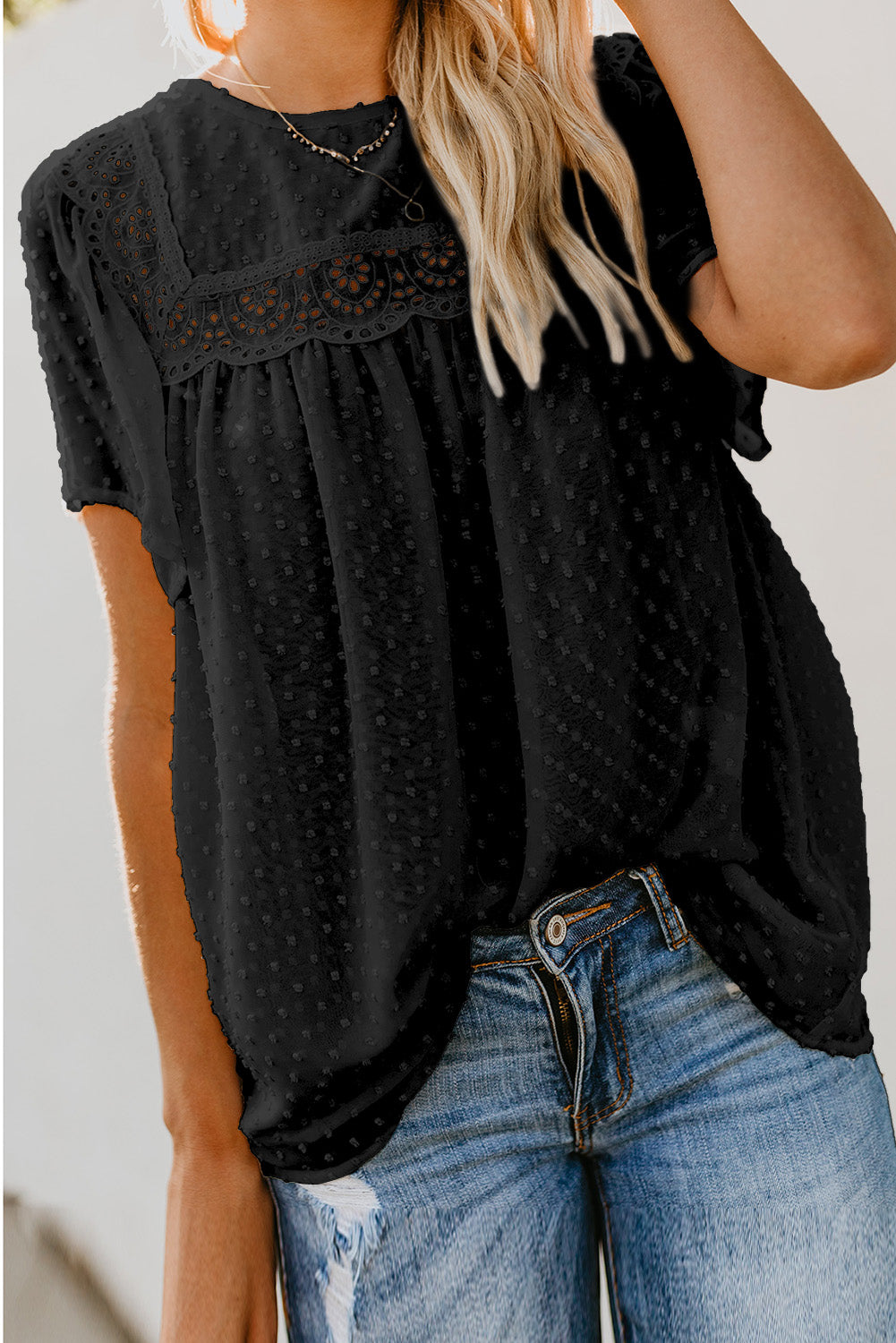 Black Flutter Sleeves Sheer Textured Babydoll Top