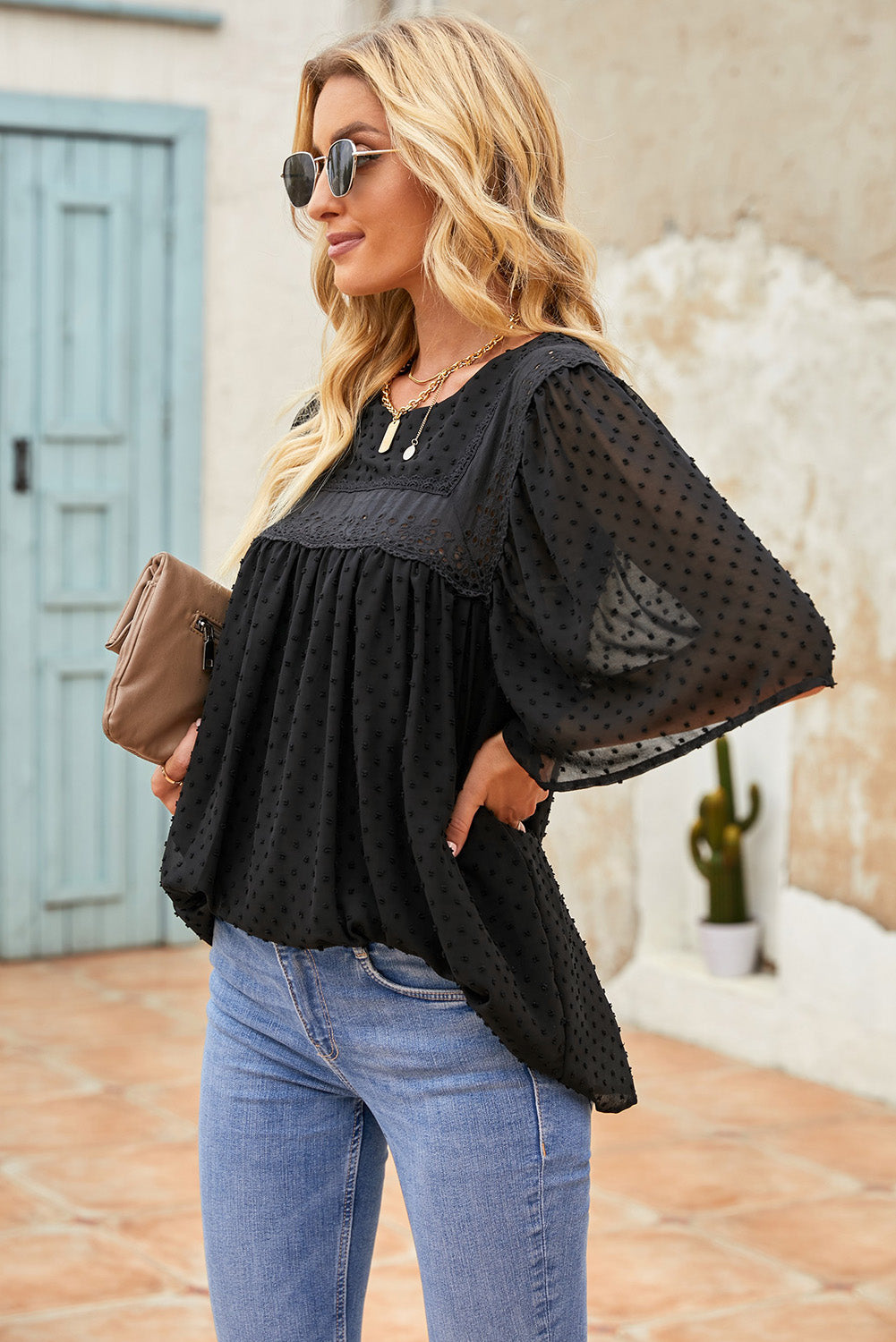 Black Flutter Sleeves Sheer Textured Babydoll Top