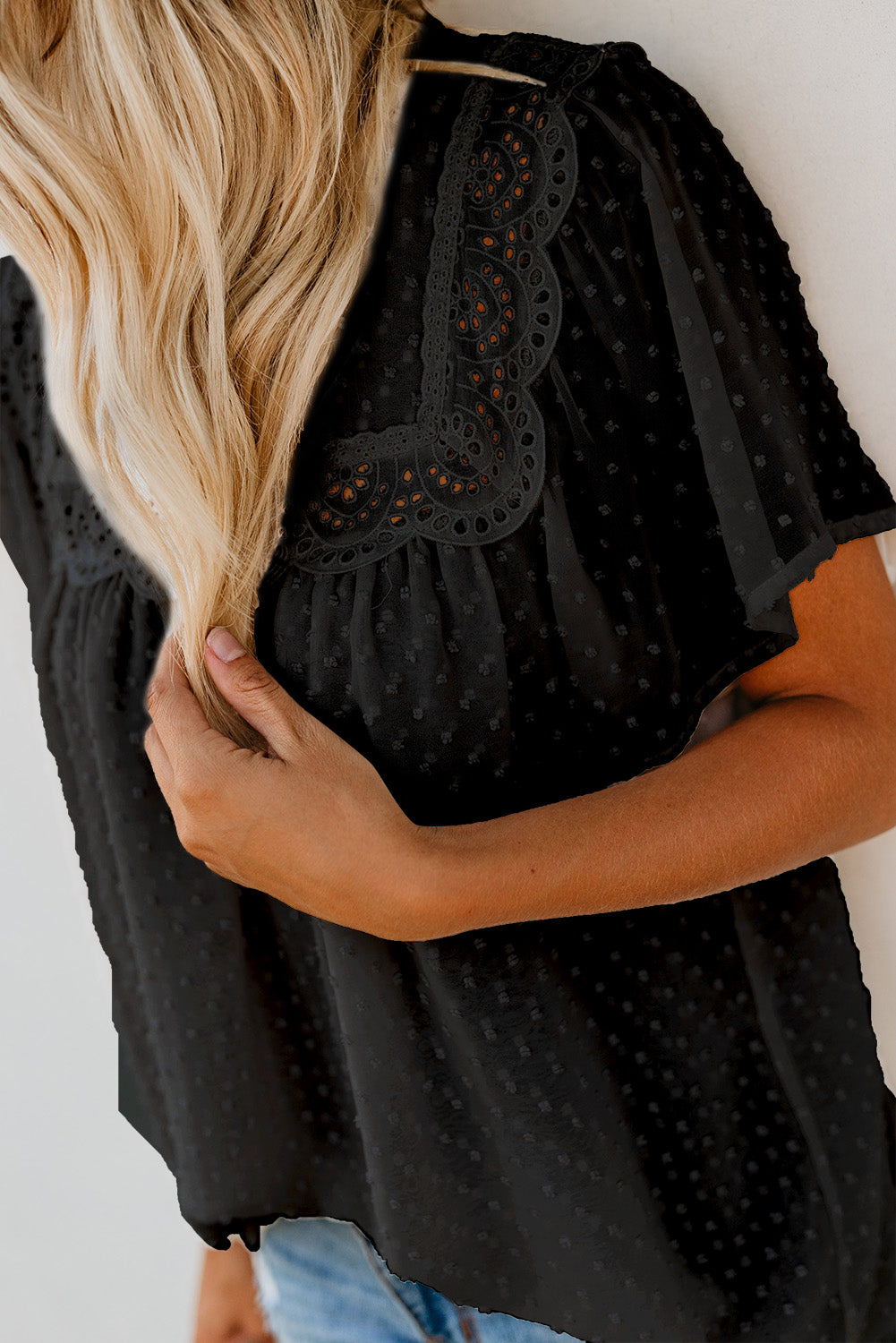 Black Flutter Sleeves Sheer Textured Babydoll Top
