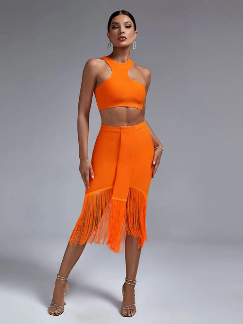 Bandage Two Piece Set Top and Skirt Women Elegant Sexy Fringed Orange 2 Piece Set Birthday Evening Party Club Outfits Summer