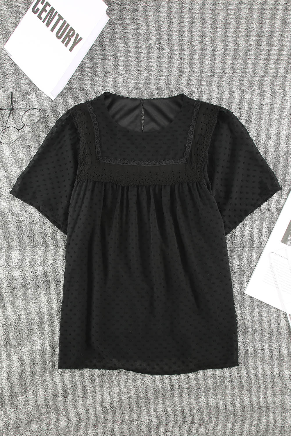 Black Flutter Sleeves Sheer Textured Babydoll Top