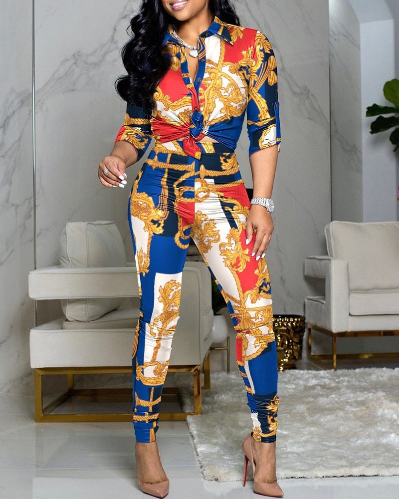 Women Fashion Scarf Chain Print Two Piece Set Autumn Long Sleeve Button Patchwork Shirt And Long Skinny Trousers S-XL