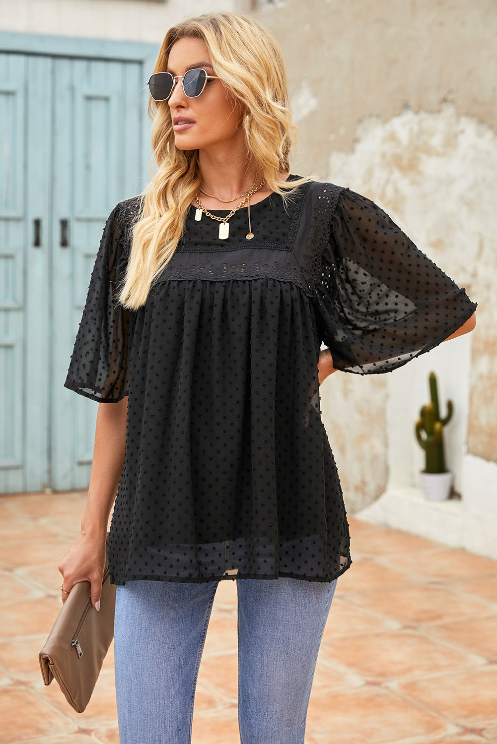 Black Flutter Sleeves Sheer Textured Babydoll Top