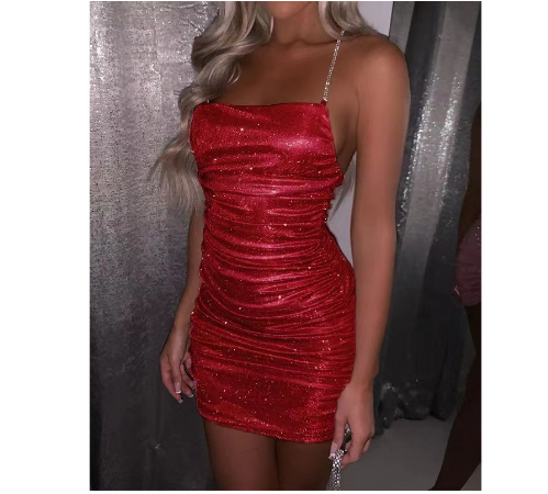 Folds Halter Backless Mini Dress Diamonds Club Outfits For Women Party Robe Sexy Sukienka