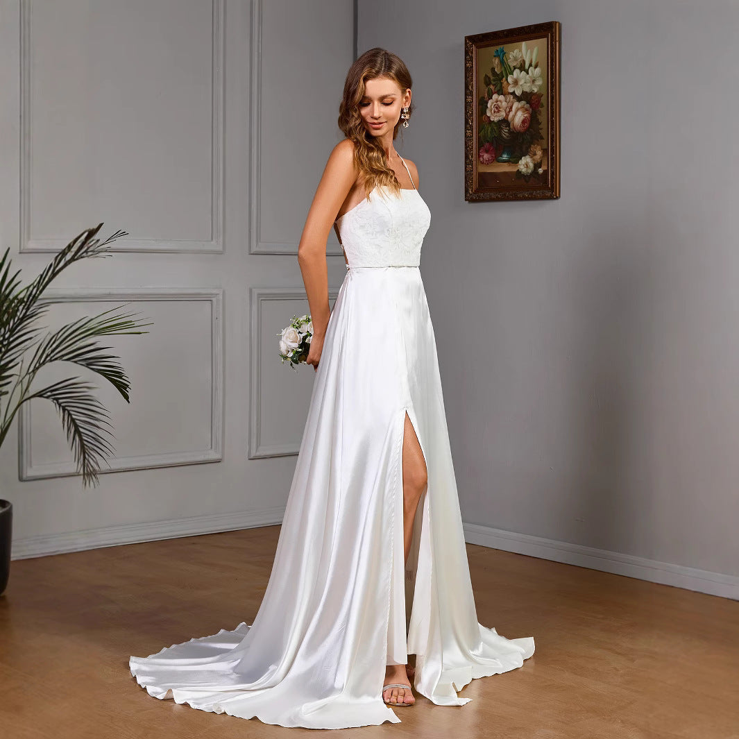 Sleeveless strapless white satin wedding evening dress