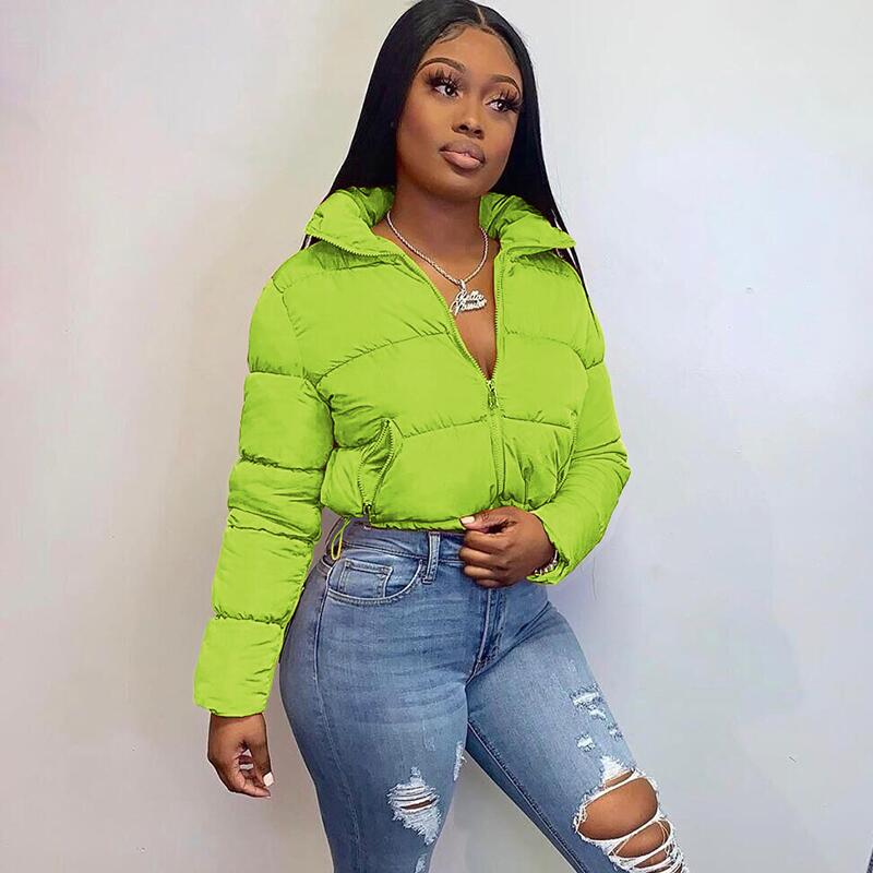 Long Sleeve Zip-Up Parkas Autumn Winter Women Warm Cropped Coats Patchwork Windbreak Outfits