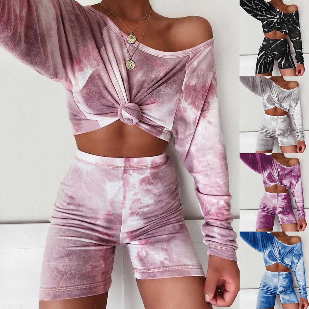 Summer Women Set Tie Dye Long Sleeve Crop Top Shirt Loose And Mini Biker Shorts Casual Two Piece Sets Outfits Sport