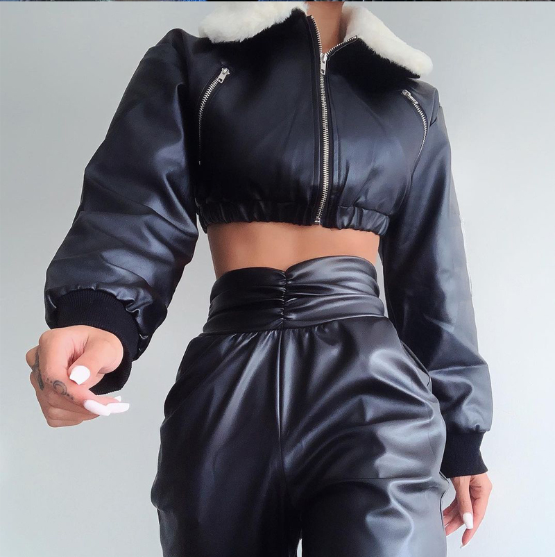 Long Sleeve Zip Up Solid Fur Ruched Pu Leather Jacket Autumn Winter Women Fashion Streetwear Casual Outfits