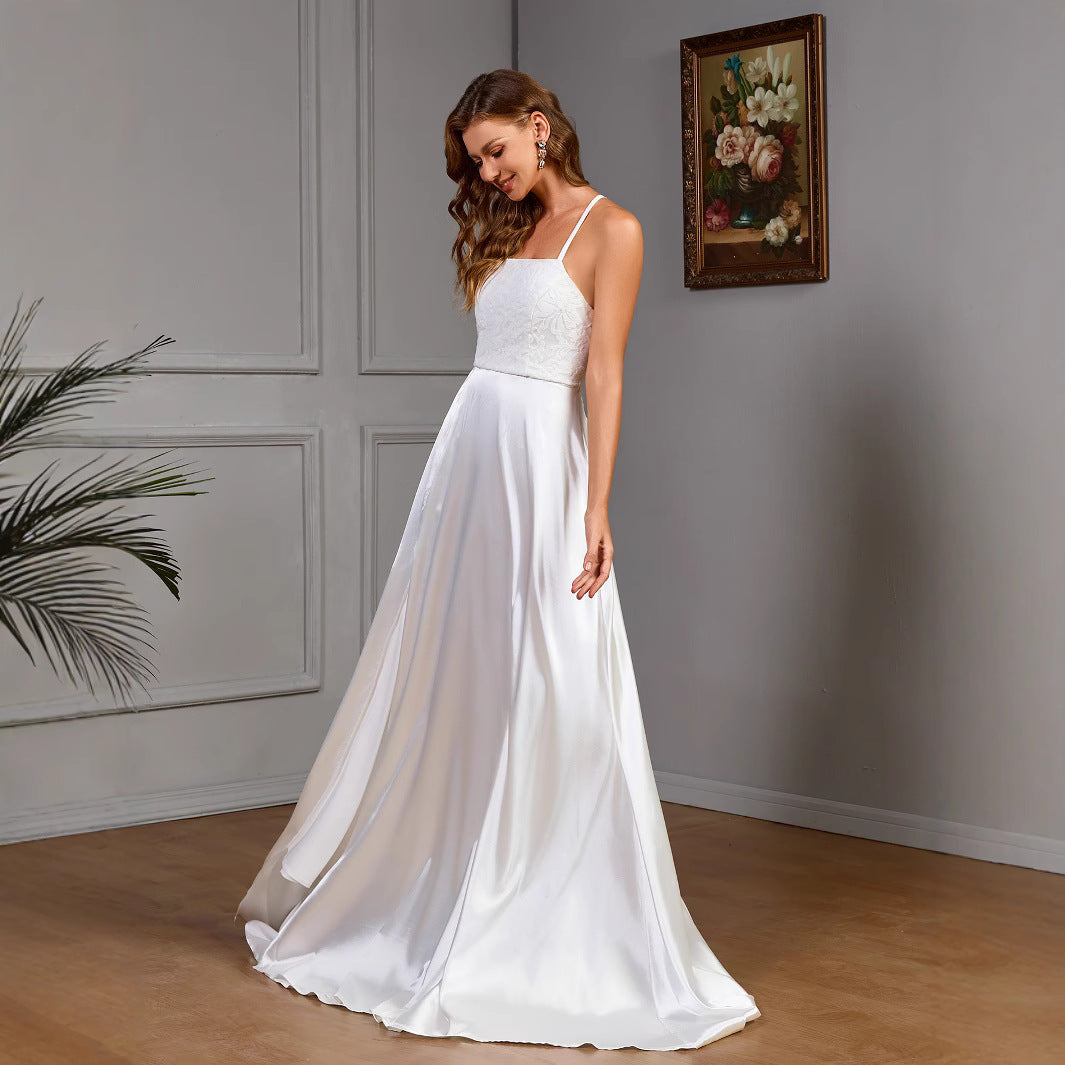 Sleeveless strapless white satin wedding evening dress