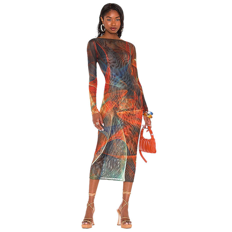 Print Mesh See Through Backless Dress Sexy Club Outfits Long Sleeve Bodycon Midi Dresses for Women