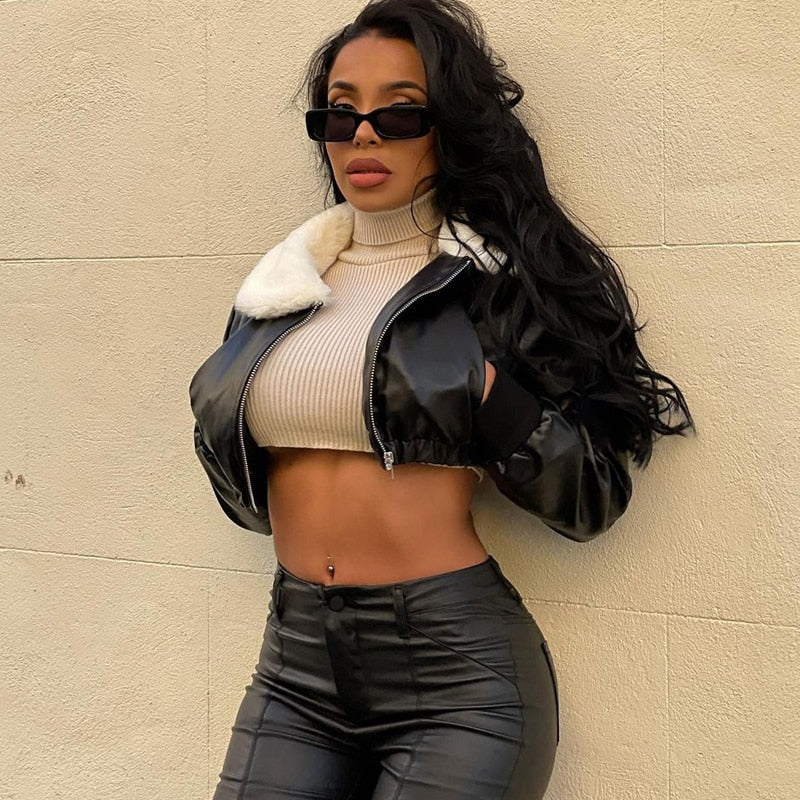 Long Sleeve Zip Up Solid Fur Ruched Pu Leather Jacket Autumn Winter Women Fashion Streetwear Casual Outfits