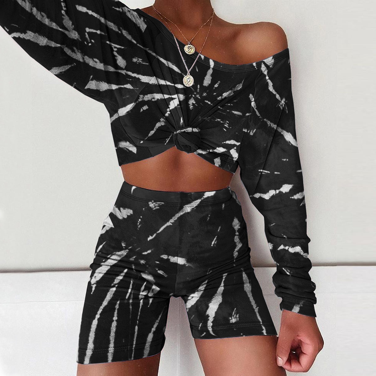 Summer Women Set Tie Dye Long Sleeve Crop Top Shirt Loose And Mini Biker Shorts Casual Two Piece Sets Outfits Sport
