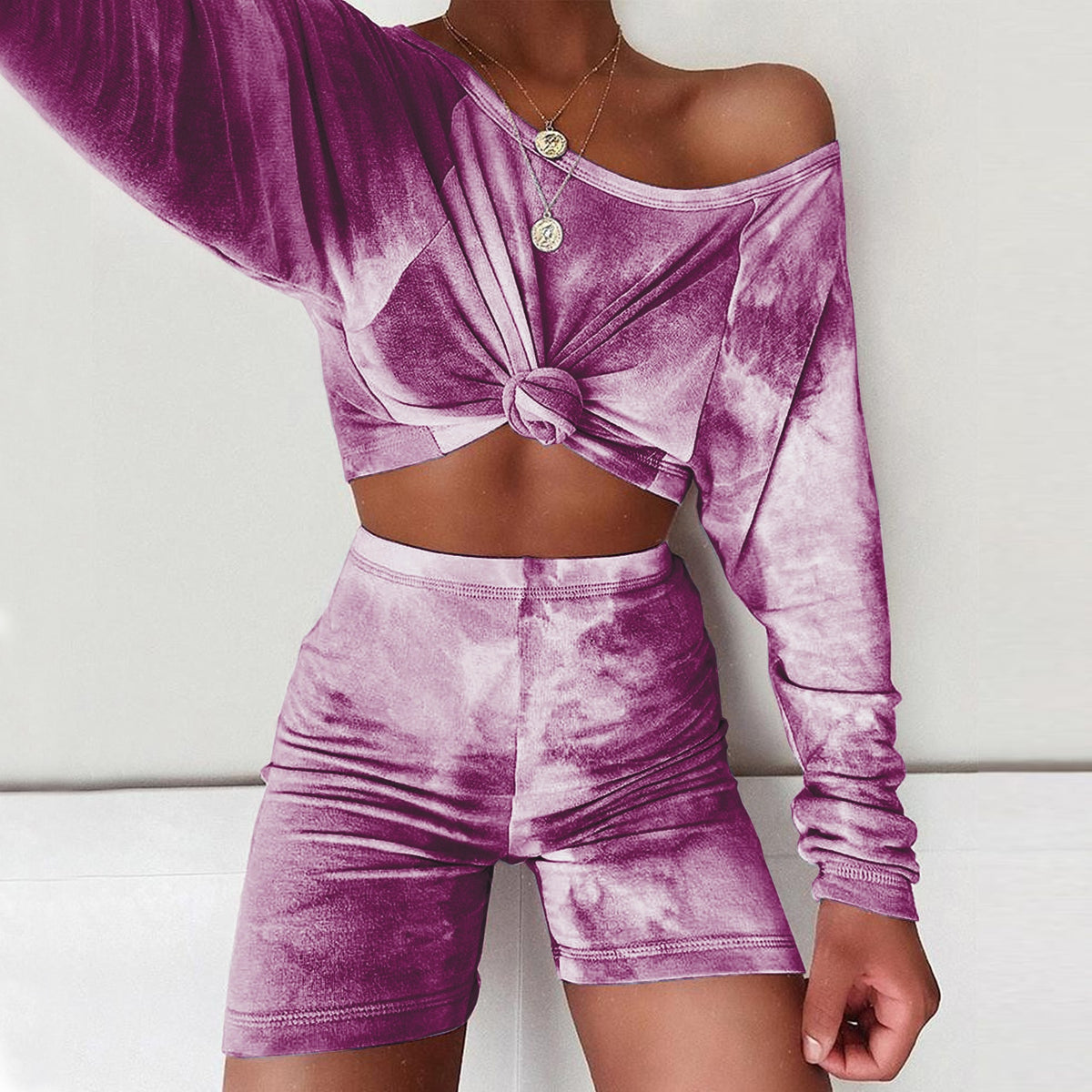 Summer Women Set Tie Dye Long Sleeve Crop Top Shirt Loose And Mini Biker Shorts Casual Two Piece Sets Outfits Sport