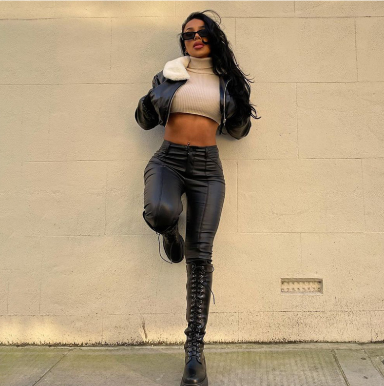 Long Sleeve Zip Up Solid Fur Ruched Pu Leather Jacket Autumn Winter Women Fashion Streetwear Casual Outfits