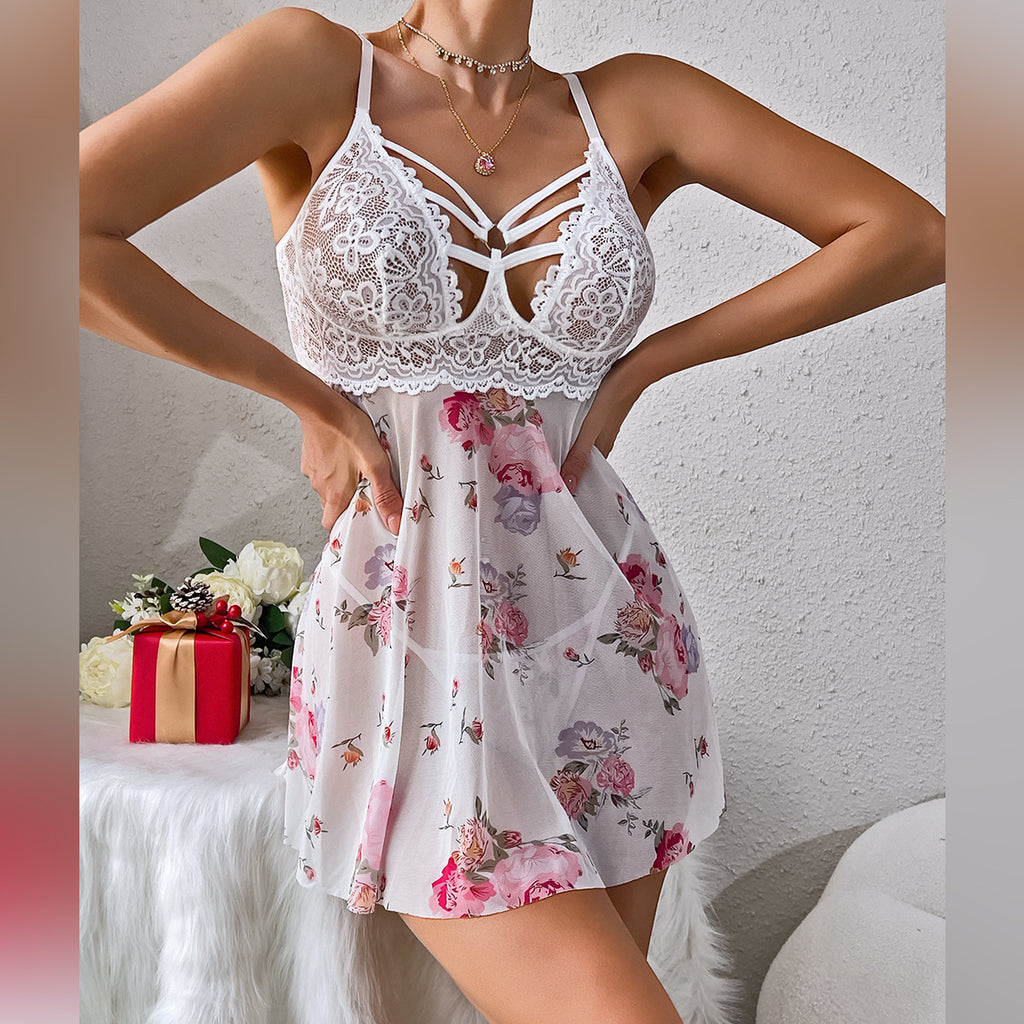 Elastic Printed Mesh Spliced Lace Sexy Home Sleepwear Strap Dress and Panties Two-Piece Set for Women