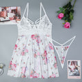 Elastic Printed Mesh Spliced Lace Sexy Home Sleepwear Strap Dress and Panties Two-Piece Set for Women