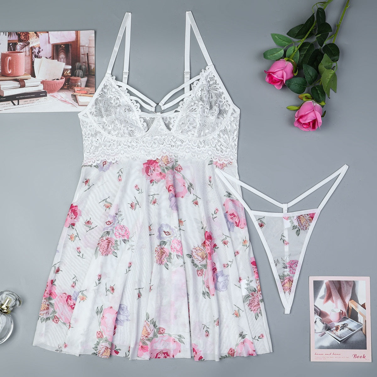 Elastic Printed Mesh Spliced Lace Sexy Home Sleepwear Strap Dress and Panties Two-Piece Set for Women