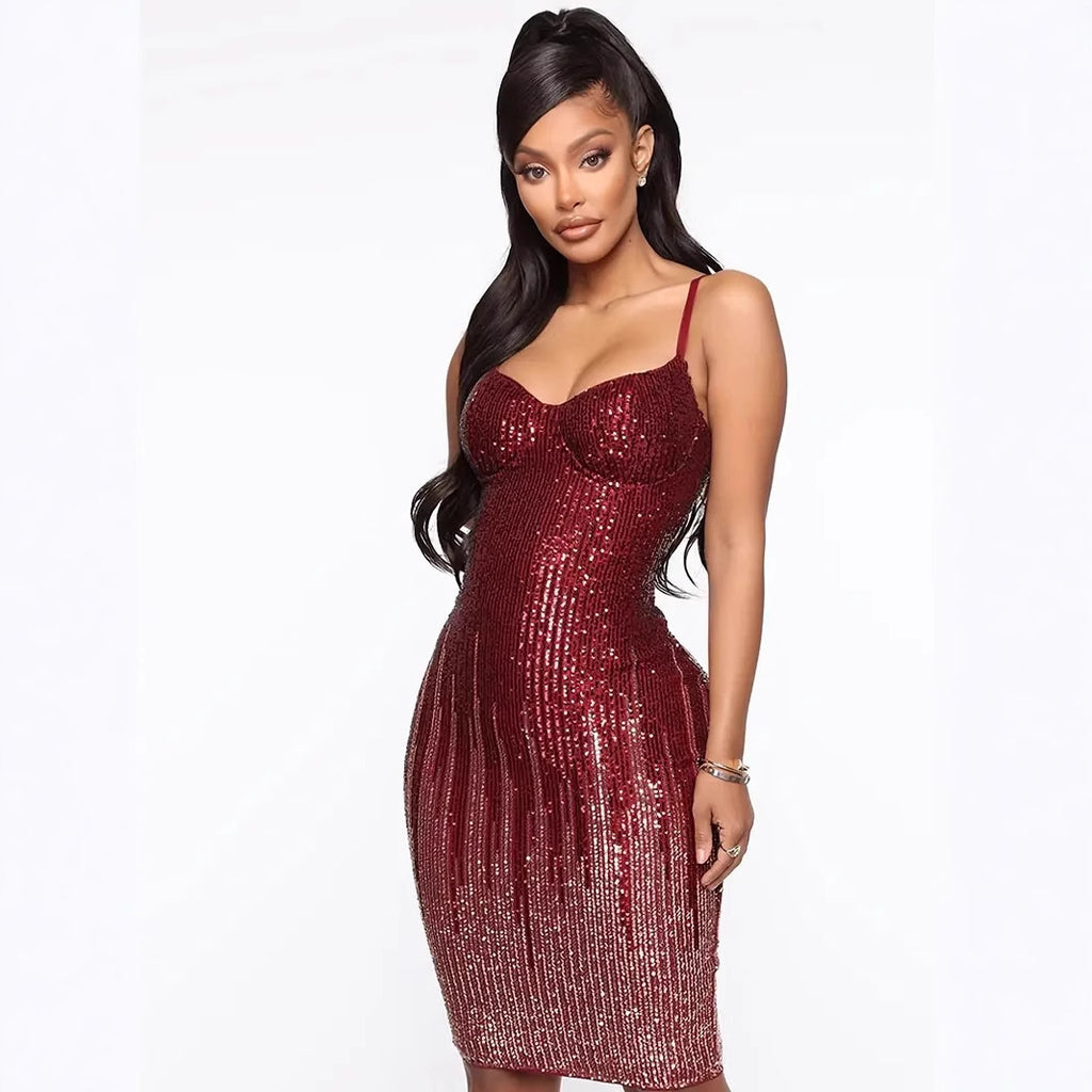 Shimmering Sequin Strapless Fitted Midi Dress for Party, Wedding, Banquet Occasions