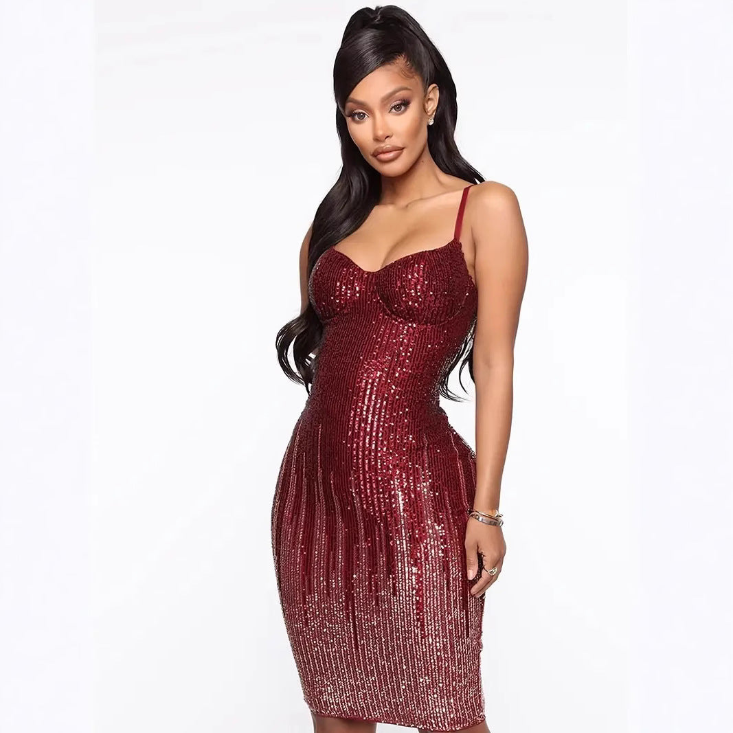 Shimmering Sequin Strapless Fitted Midi Dress for Party, Wedding, Banquet Occasions