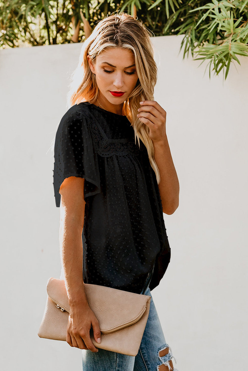 Black Flutter Sleeves Sheer Textured Babydoll Top