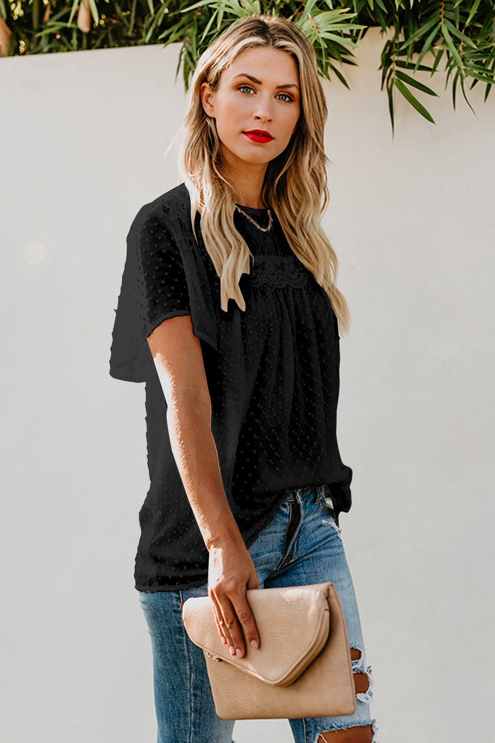 Black Flutter Sleeves Sheer Textured Babydoll Top